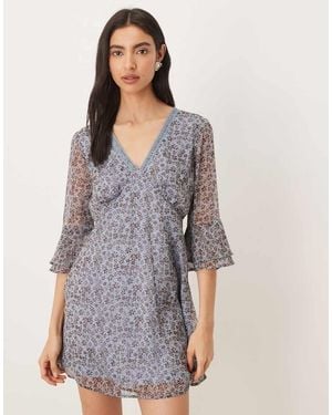Wednesday's Girl V Neck Floaty Sleeve Mini Dress - Grey