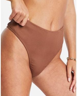 We Are We Wear Selin Reversible Mix And Match High Leg High Waist Ribbed Thong Bikini Bottoms - Brown