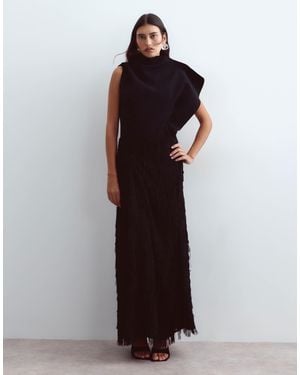 ARRANGE Asymmetric Neckline Hybrid Fringe Skirt Maxi Dress - Brown