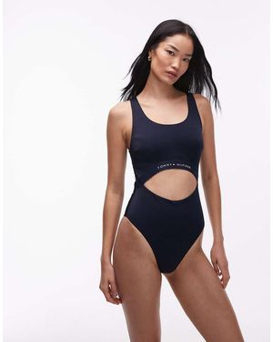 Tommy Hilfiger Logo One Piece Swimsuit With Cut Out - Blue