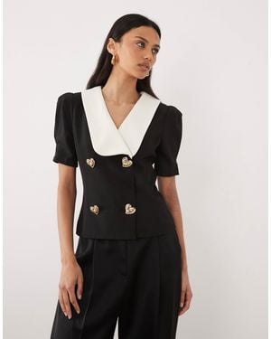 Sister Jane Hearts Contrast Oversized Contrast Collar Heart Button-Up Top - Black