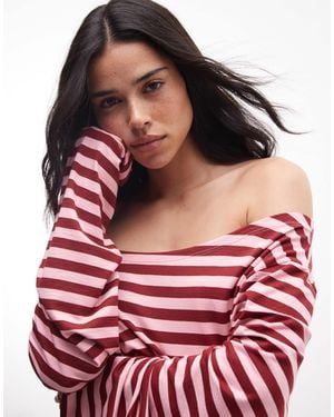 Collusion Long Sleeve Off The Shoulder Stipe Top - Red