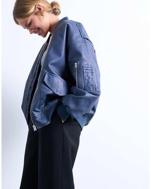 TOPSHOP Faux Leather Washed Ma1 Bomber Jacket - Blue