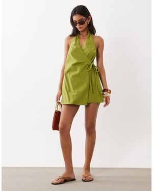 ASOS Cotton Linen Halter Neck Wrap Mini Sundress - Green