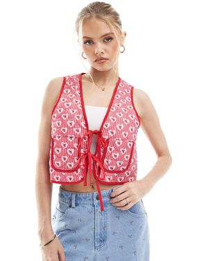 The Frolic Exclusive Heart Quilt Reversible Tie Front Waistcoat - Red