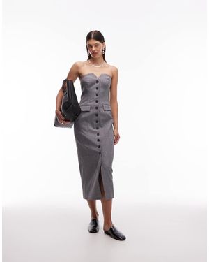 4th & Reckless Vestido Midi De Sastre Con Escote Palabra De Honor, Botones Y Detalle De Bolsillos En La Parte Delantera De - Gris