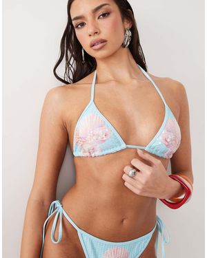 South Beach Pink Shell Print Triangle Bikini Top - Blue