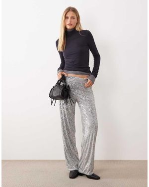 Noisy May Pantalones Plateados De Talle Alto Sin Cierres De Lentejuelas De - Gris