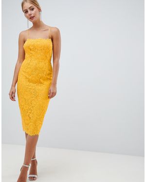 ASOS – spitzen-bleistiftkleid mit eckigem ausschnitt - Gelb