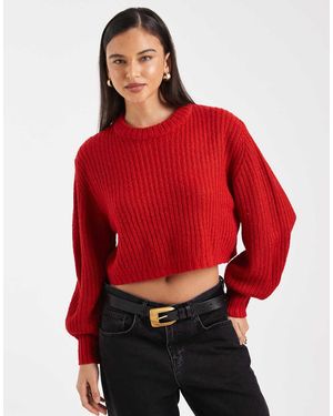 Threadbare Cropped Ribgebreide Trui Met Ronde Hals - Rood