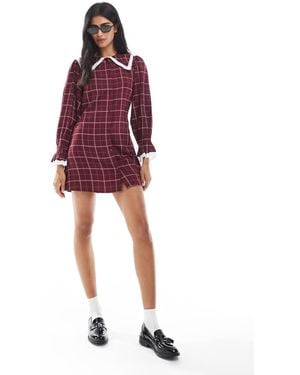 Wednesday's Girl Grid Check Collar Detail Mini Dress - Red