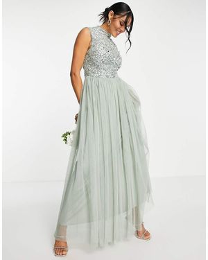 Beauut Vestido De Dama De Honor Largo Con Diseño Estilo 2 En 1, Abalorios Y Falda De Corte Amplio De Tul De - Verde