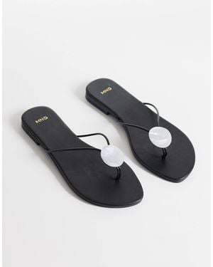Mango 100% Leather Flat Sandals With Pearl Detail - Blue