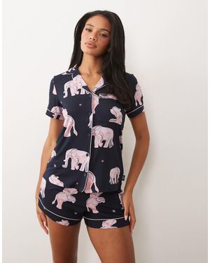 Chelsea Peers Ensemble top avec col à revers et short à imprimé éléphant style aquarelle - Bleu