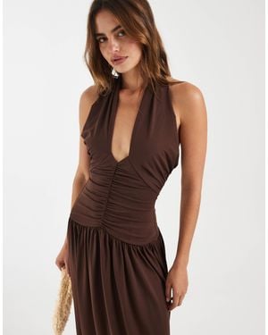 BRONZE SNAKE Marley Tie Detail Ruched Waist Midaxi Dress - Brown