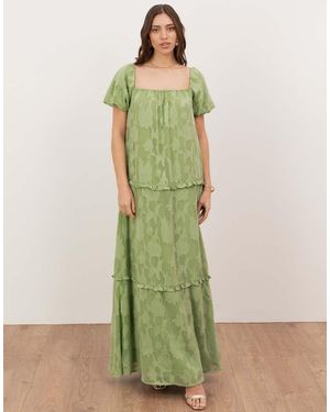 ANAYA Floral Burnout Short Sleeve Tiered Maxi Dress - Green
