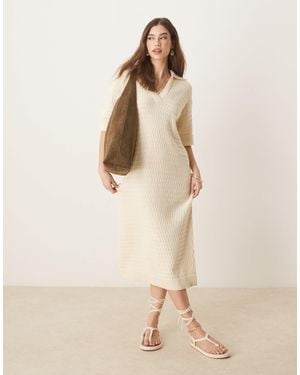 Y.A.S Knitted Polo Neck Short Sleeve Midi Dress - Natural