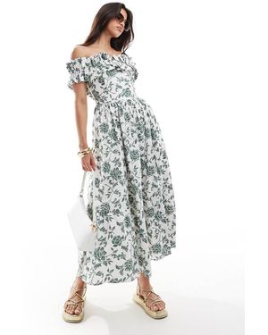Abercrombie & Fitch Vestito Midi E Verde A Fiori A Spalle Scoperte Con Volant - Bianco