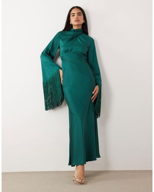 ASOS Draped Neck Satin Bias Maxi Dress With Fringe Sleeve Detail - Green