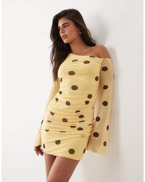 ASOS Printed Mesh Off Shoulder Mini Dress With Angel Sleeve - Natural