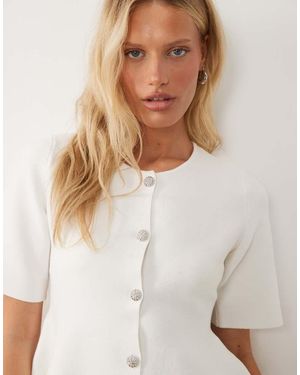 Vila Structured Knit Long Sleeve Peplum Hem Top - Natural