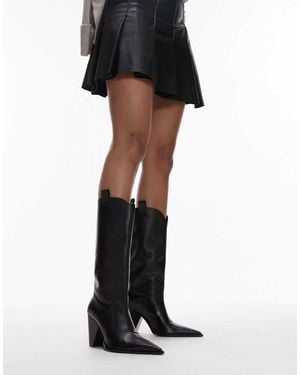 TOPSHOP Remy Premium Leather Heeled Western Boot - Black