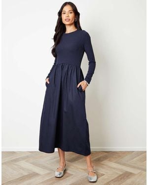 Threadbare Rib Jersey 2-In-1 Midi Dress With Poplin Skirt - Blue