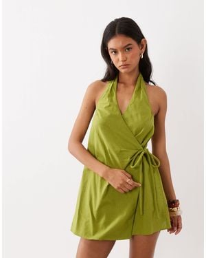 ASOS Cotton Linen Halter Neck Wrap Mini Sundress - Green