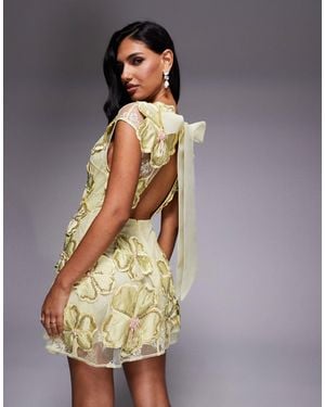 ASOS Embellished 3D Floral Lace Mini Dress With Drop Pearls - Yellow