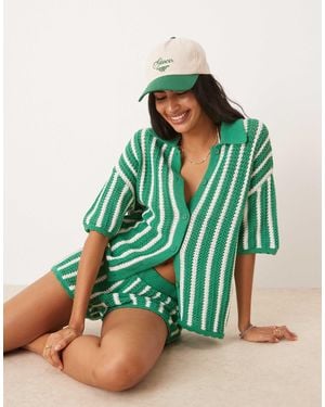 ASOS Stripe Scallop Edge Knitted Shirt Co-ord - Green