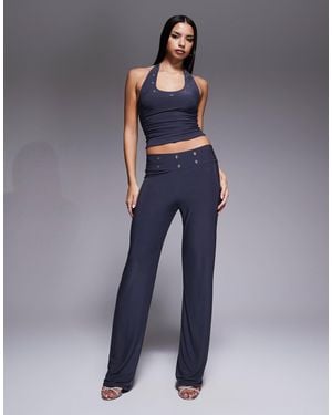 Kaiia Exclusive Double Layered Slinky Eyelet Detail Waistband Wide Leg Pants - Blue