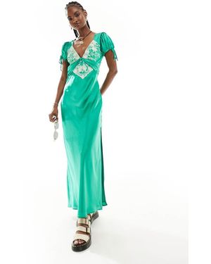 Free People Satin Midaxi Slip Dress With Tie Sleeves - Green