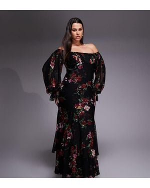 ASOS Asos Design Curve Bardot Ruffle Maxi Dress With Tiered Godets And Blouson Sleeves - Black