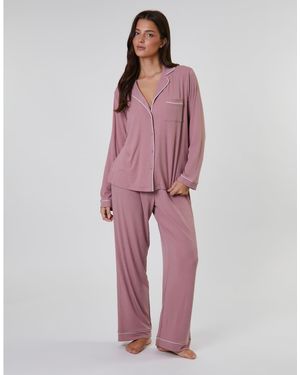 Loungeable Rib Long Sleeve Traditional Shirt And Long Pant - Red