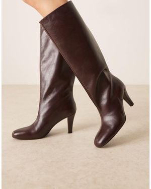 Mango 100% Leather Heeled Knee High Boots - Natural