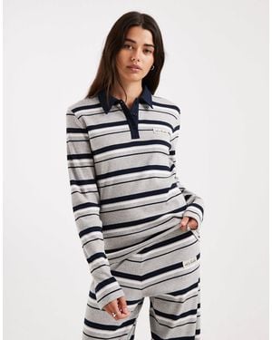 4th & Reckless Cotton-rich Ribbed Logo Detail Collared Long Sleeve Top - White