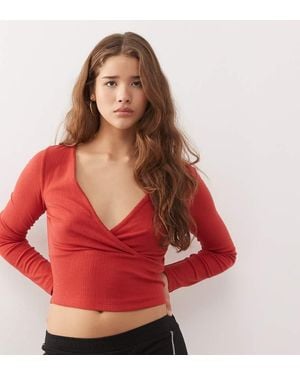 Collusion Long Sleeve V Neck Wrap Top - Red