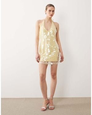 SNDY'S Disc Sequin V Neck Low Back Mini Dress - Natural