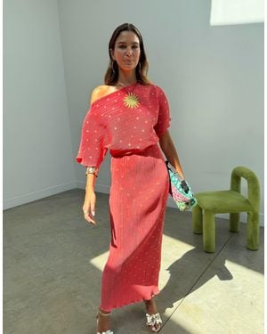 Never Fully Dressed Tilly Off Shoulder Plisse Maxi Dress - Red