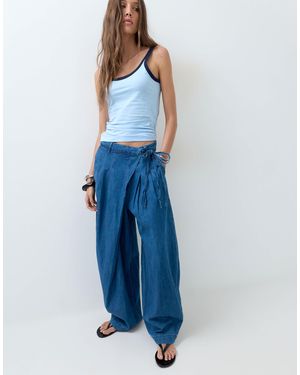 ASOS Soft Wide Leg Denim Trouser With Wrap Waist - Blue