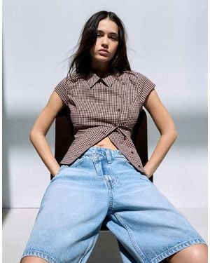 Bershka Short Sleeve Cross-button Shirt - Blue
