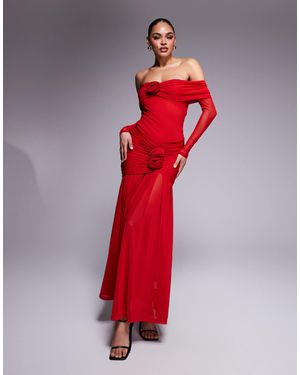 Wanderdoll Vivienne Mesh Bardot Foldover Long Sleeve Maxi Dress - Red