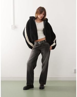 Monki Zip Through Teddy Hooded Jacket - Black