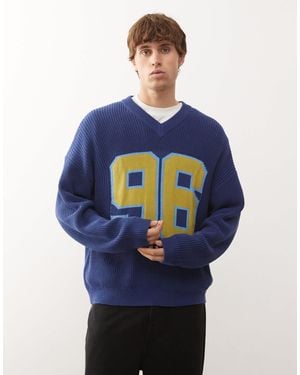 Reclaimed (vintage) Fisherman Knitted V Neck Slouchy Sweater - Blue