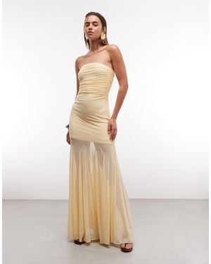 Aria Cove Liquid Chiffon Bandeau Ruched Detail Sheer Hem Maxi Dress - Natural