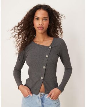 Jdy Asymetric Ribbed Button Detail Top - Gray