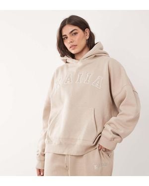 Kaiia Plus Cotton Blend Embroidered Logo Oversized Hoodie Co-Ord - Natural