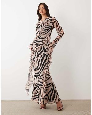 DASKA Vestido Largo De Manga Larga Con Estampado De Y Volantes De Chifón - Blanco