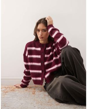 Collusion Fluffy Stripe Knitted Cardi - Red