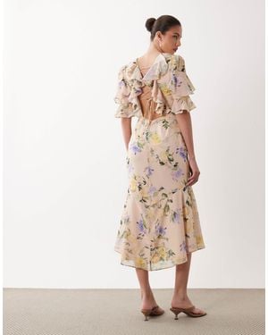 Hope & Ivy Lace Up Back Flutter Sleeve Midi Tea Dress - Natural